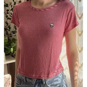 Brandy Melville Red White Stripe Alien Embroidered Cropped T Shirt One Size